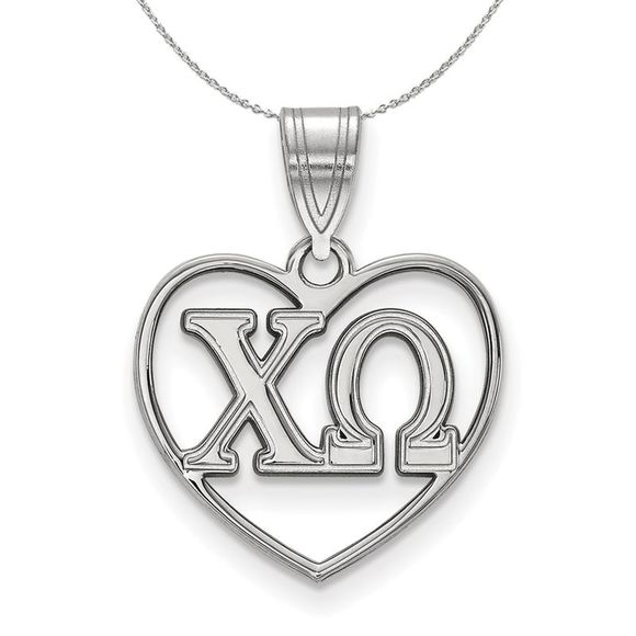 Sterling Silver Chi Omega Heart Greek Necklace - 16 Inch